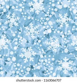 Seamless pattern. Icy mishmash. Winter colors. Snowflakes of different sizes.