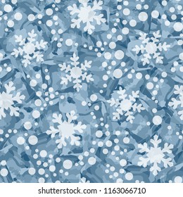 Seamless pattern. Icy mishmash. Winter colors. Snowflakes of different sizes.