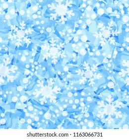 Seamless pattern. Icy mishmash. Winter colors. Snowflakes of different sizes.