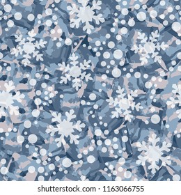 Seamless pattern. Icy mishmash. Winter colors. Snowflakes of different sizes.