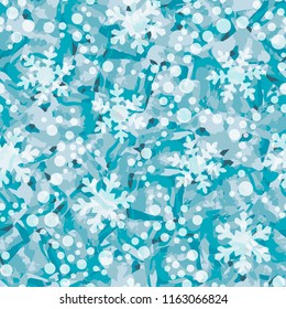 Seamless pattern. Icy mishmash. Winter colors. Snowflakes of different sizes.
