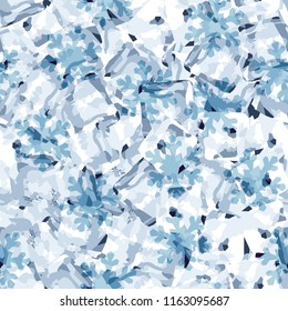 Seamless pattern. Icy mishmash. Winter colors. Sharp-shaped snowflakes.