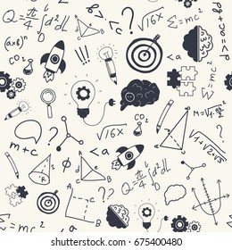 Seamless pattern with idea, chemistry, formula, brain and other. Handmade vector flat illustration. 