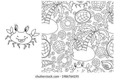 Seamless Pattern. ideal for children's clothing. Crab and background with marine elements. Cute illustrations