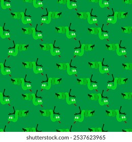 Seamless pattern with identical cartoon snakes on a green background.
