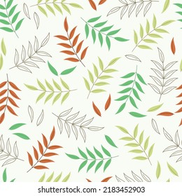 Seamless pattern of identical colorful leaves. Flat design hand drawn illustration. Can be used for summer, autumn, or natural background and wallpaper.