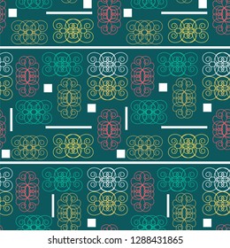 Seamless pattern with identical multicolored decorative elements, white stripes and squares on a blue-green background. Vector illustration