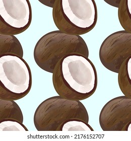Seamless pattern with iIllustration of a coconut on a blue background