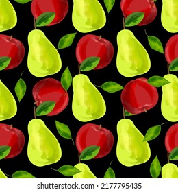 Seamless pattern with iIllustration a green pear and a red apple on a black background