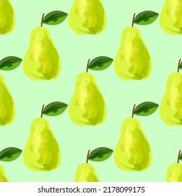 Seamless pattern with iIllustration of a pear on a green background