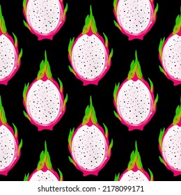 Seamless pattern with iIllustration of a pitahaya on a black background