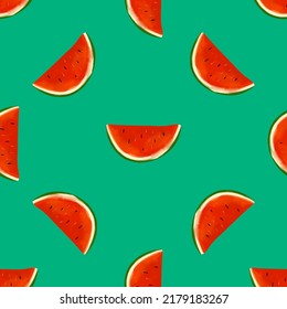 Seamless pattern with iIllustration  a watermelon slices on a green background