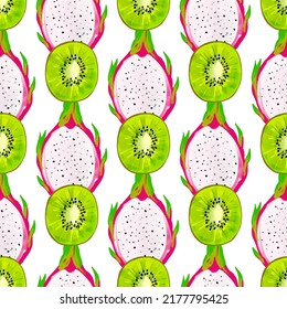Seamless pattern with iIlustration kiwi and pitahaya on a white background