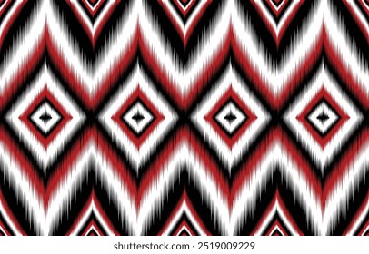 Seamless pattern ikat ethnic geometric. Tribal aztec design. red white black Abstract pattern background. Boho pattern for fashion textile print and wallpaper. ornament for interior decor. Ikat style.