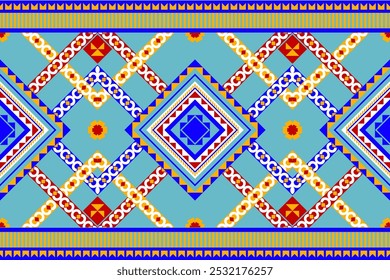 Seamless pattern of ikat, ethnic, geometric shape, ornate, aztec, motif, tribal, boho, ethnic, native repetation vector illutrator for fabric and textile or carpet. Traditional paint tiled pattern.