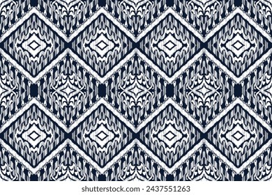 Nahtloses Muster. ikat, Handzeichnung ethnische weiß und blaue Farbe, Abstrakter Oger texturierter Hintergrund für Textilien, Tapeten, Teppich, Kleidung. Traditionelle böhmische Vektorgrafik.