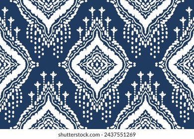 Seamless pattern. ikat, hand drawing ethnic white and blue color, Abstract ogee textured background for textile, wallpaper, carpet, clothing. Traditional bohemian vector illustration.