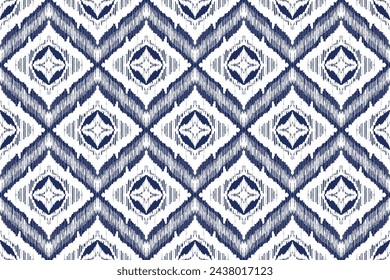 Seamless pattern. ikat, hand drawing ethnic white and blue color, Abstract ogee textured background for textile, wallpaper, carpet, clothing. Traditional bohemian vector illustration.