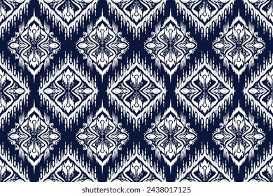 Seamless pattern. ikat, hand drawing ethnic white and blue color, Abstract ogee textured background for textile, wallpaper, carpet, clothing. Traditional bohemian vector illustration.