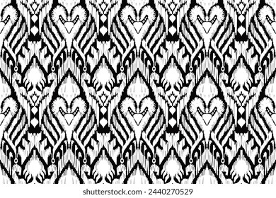 Seamless pattern. ikat, hand drawing ethnic black, white and blue color, Abstract ogee textured background for textile, wallpaper, carpet, clothing. Traditional bohemian vector illustration.