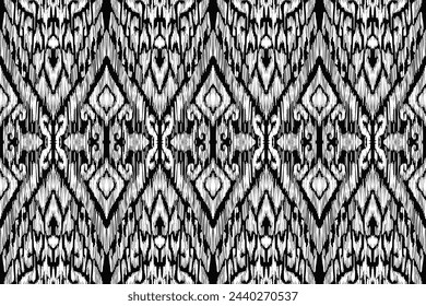 Seamless pattern. ikat, hand drawing ethnic black, white and blue color, Abstract ogee textured background for textile, wallpaper, carpet, clothing. Traditional bohemian vector illustration.