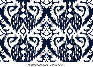 Seamless pattern. ikat, hand drawing ethnic black, white and blue color, Abstract ogee textured background for textile, wallpaper, carpet, clothing. Traditional bohemian vector illustration.
