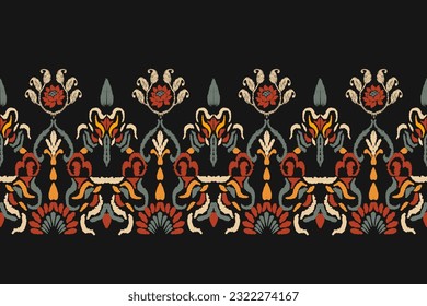 Seamless pattern of Ikat, traditional seamless pattern, black background, Aztec style, embroidery, abstract, vector, design illustration for texture, fabric, print.