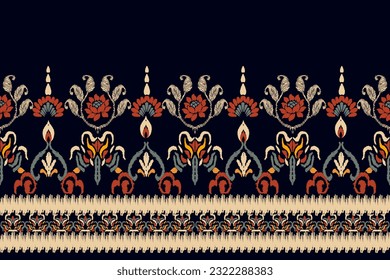 Seamless pattern of Ikat, traditional seamless pattern, black background, Aztec style, embroidery, abstract, vector, design illustration for texture, fabric, print.