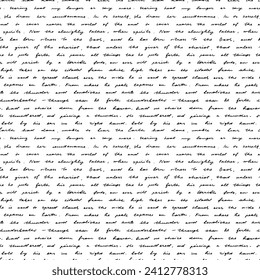 Seamless pattern with illegible handwritten poetry. Abstract background with thin calligraphy, cursive text with rambling words. Unreadable ink-written poetry. Black vector script.