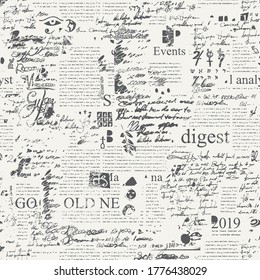 Seamless pattern with illegible scribbles imitating handwritten text on the newspaper page with sketches and blots. Vector abstract repeating background. Suitable for wallpaper, wrapping paper, fabric