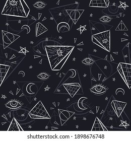 Seamless pattern with illuminati and occult symbols. Repetitive background with pyramids, triangles, the eye of God and celestial objects.