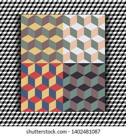 Seamless pattern with the illusion of a volumetric cube in different color combinations.