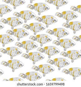 Seamless pattern illustrating a fat goldfish in a single moving position, monotnous structure of items isolated on white