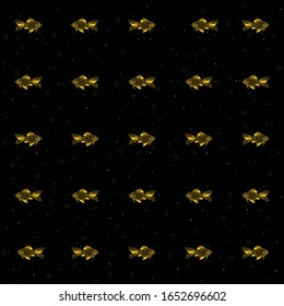 Seamless pattern illustrating a goldfish in two opposite moving positions, graphic items over a black background with bubbles