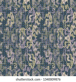 Seamless pattern illustration of abstract flames with mixed prints and optical illusion styles and 3d shapes. Smoky pink, yellow, blue and navy vector illustration.