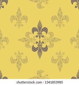 Seamless pattern illustration of abstract stylized lilies with mixed prints and optical illusion styles and 3d shapes. Smoky grey and yellow vector illustration.