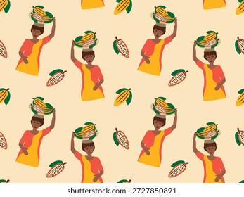 Nahtlose Musterdarstellung afrikanischer oder lateinamerikanischer Frauen in traditioneller Kleidung, die Körbe mit Bananen und Kakaopoden auf dem Kopf trägt, die Ernte und Landwirtschaft symbolisieren