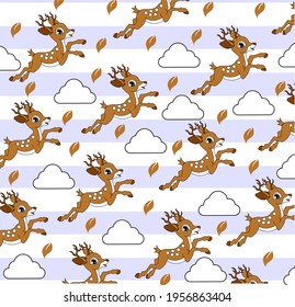 seamless pattern illustration with animals. deer on a light blue background. cute kids ornament