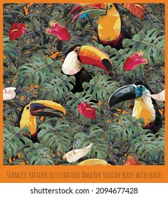 Seamless pattern illustration art of Amazon rain forest birds and leaves.