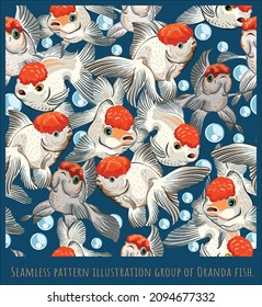 Ilustración de patrón sin foco, arte de coloridos peces Oranda nadando en el estanque.