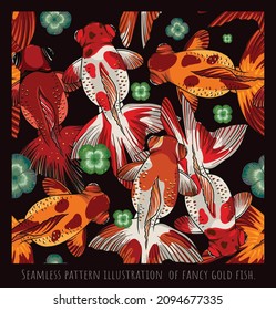 Ilustración de patrón sin foco, arte de coloridos peces de ojos grandes nadando en el estanque.
