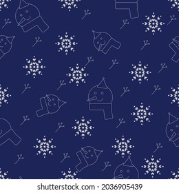 Patrón sin foco. Diseño artístico de ilustración. Feliz Año Nuevo y Feliz Navidad. Snowman, Snowflake y Mistletoe con fondo azul oscuro. EPS10 vectores.