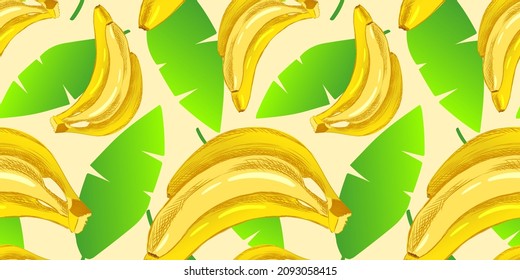 Seamless pattern illustration of bananas and leaves of a banana tree in vibrant colors. Illustration for advertising, packaging or publishing recipes. Culinary illustration of vegetables