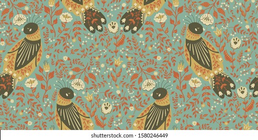 Seamless pattern illustration of a beautiful floral wreath with a cute folk bird. The concept for Wallpaper, cloth design, textile, wrapping, wallpaper, covers.