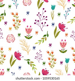 Seamless pattern illustration with beautiful flowers. Scandinavian style. Folk art.