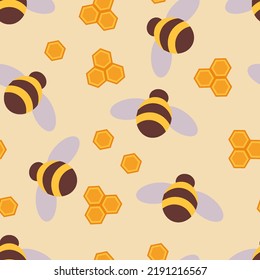 
Seamless pattern with an illustration of a bee and honeycombs in a flat version. Textile print. Template for printing. Baby clothes. Vector image.