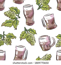 Seamless pattern illustration with beer, beer in glasses and hops