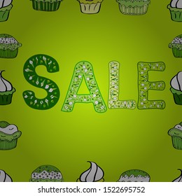 Seamless pattern. Illustration in black, green and white colors. Best sale banner. Vector illustration. Bright abstract background with text. Original poster for discount.