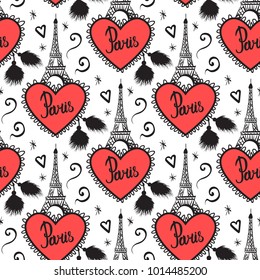 Seamless pattern. Illustration black ink Eiffel Tower Paris. Heart with fringe and brushes fur. Vector decorations isolated on white background. Valentine's Day.