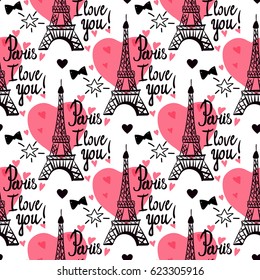 Seamless pattern. Illustration black ink Eiffel Tower. Vector decorations isolated on white background. Handwritten inscription Paris I love you.